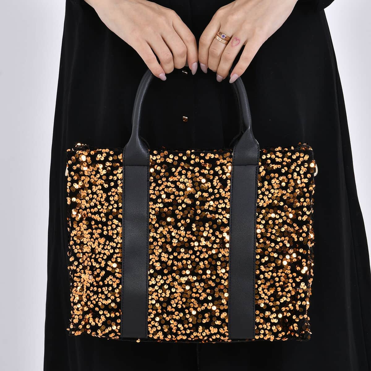 Gold Color Faux Leather Sequin Tote Bag with Handle Drop and Strap image number 2