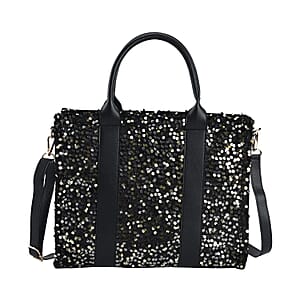 Striped Gold Color Faux Leather Sequin Tote Bag with Handle Drop and Strap