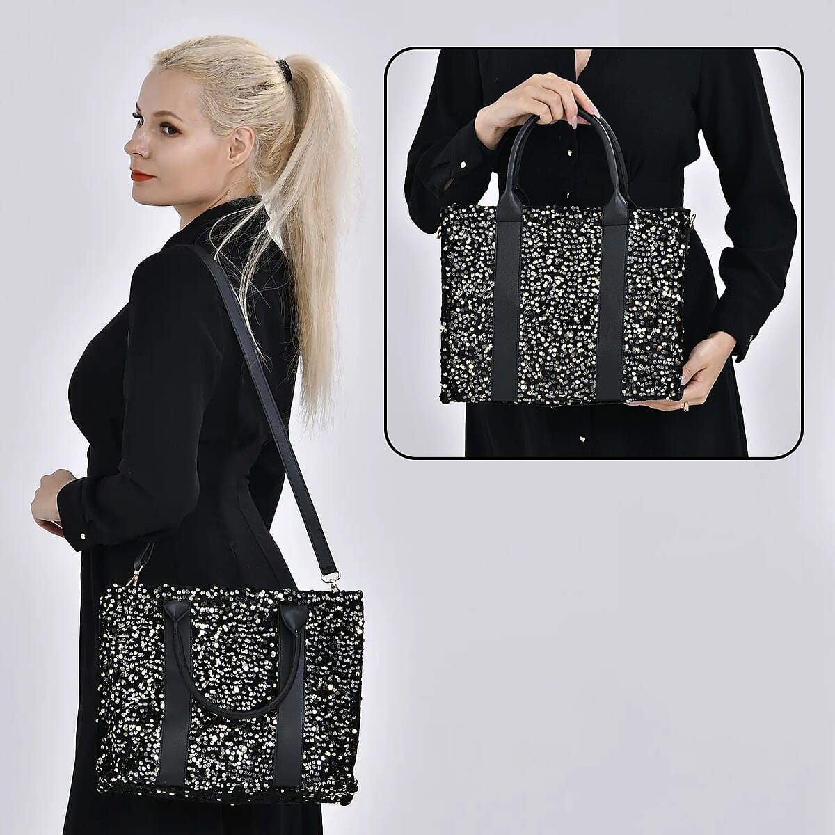 Striped Gold Color Faux Leather Sequin Tote Bag with Handle Drop and Strap image number 1