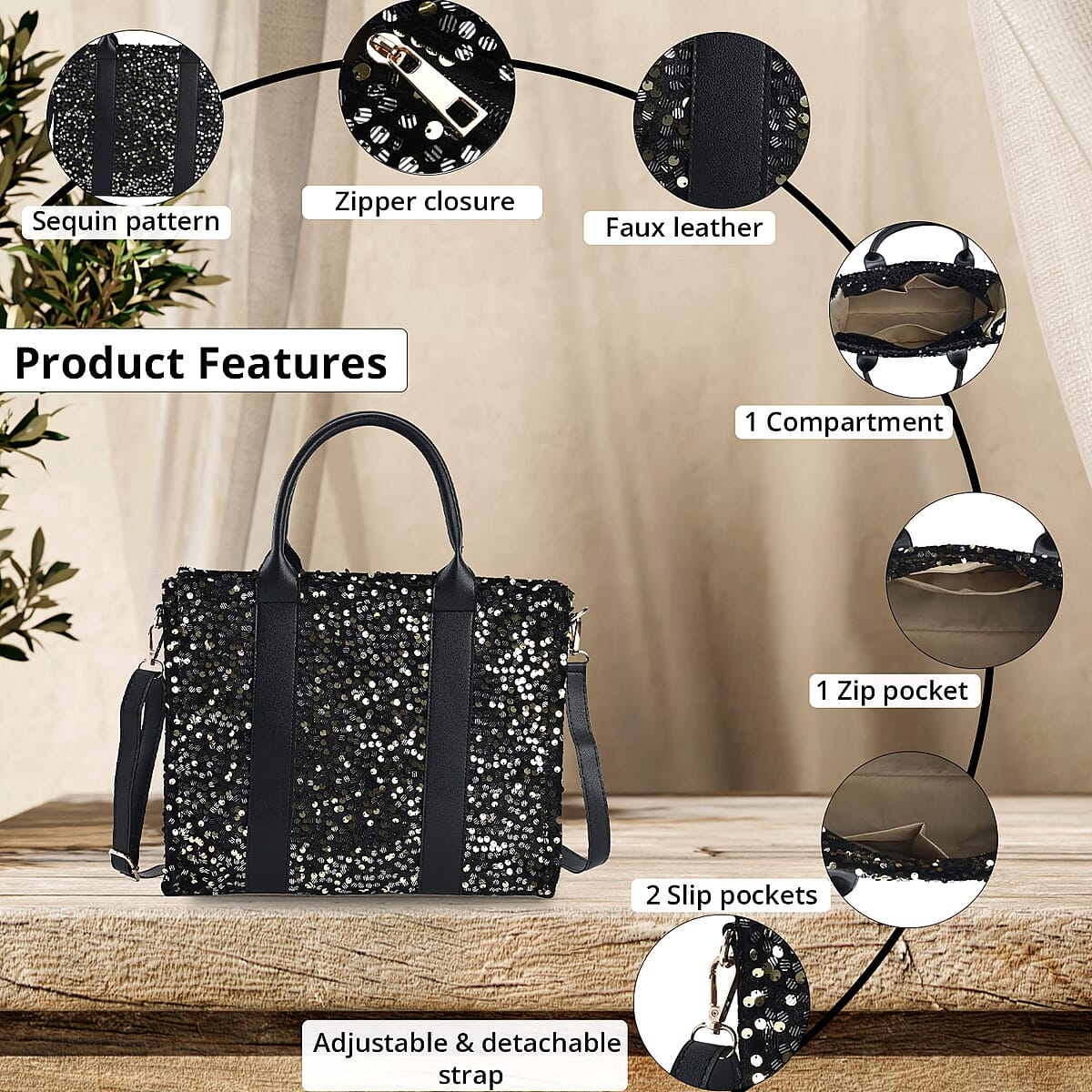 Striped Gold Color Faux Leather Sequin Tote Bag with Handle Drop and Strap image number 2