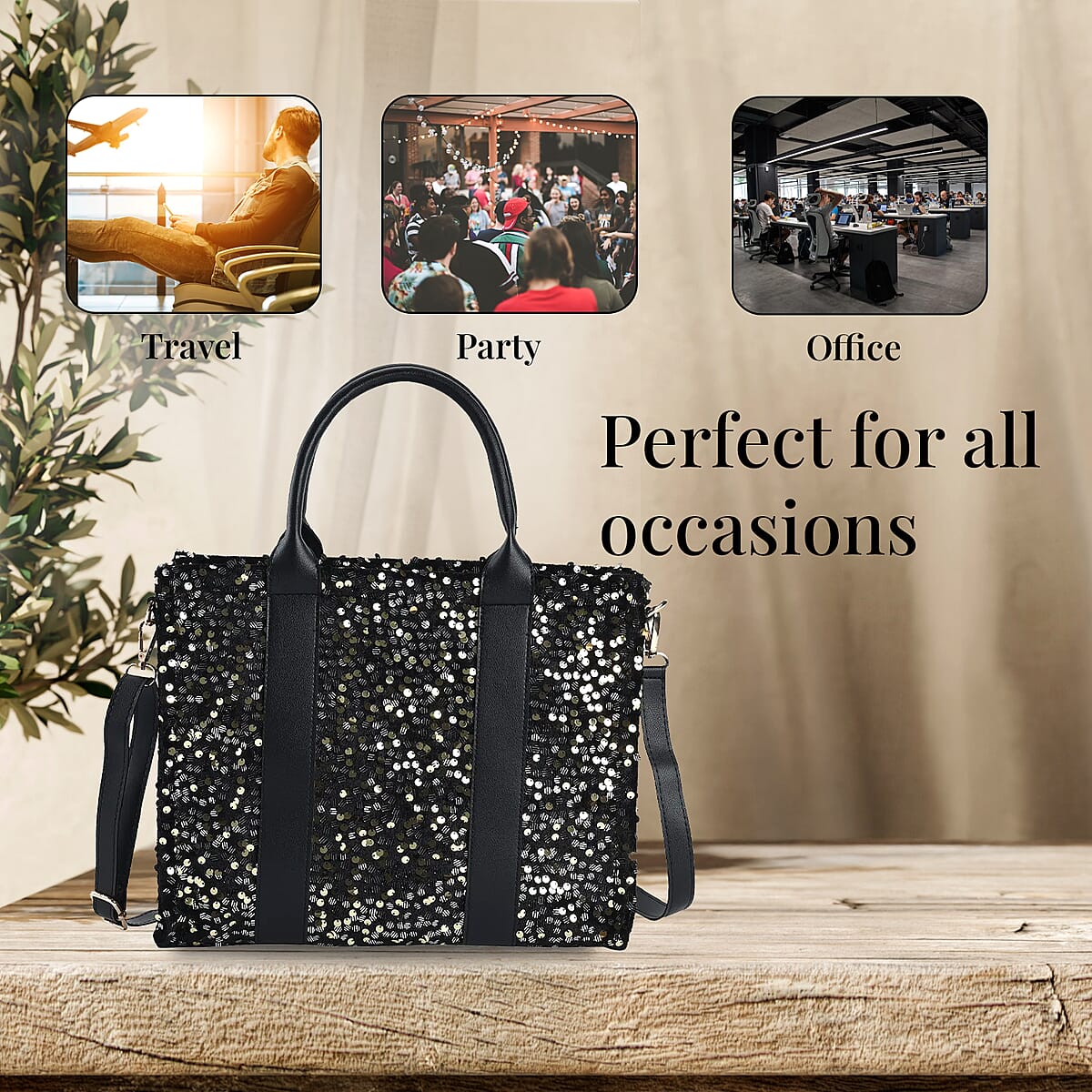 Striped Gold Color Faux Leather Sequin Tote Bag with Handle Drop and Strap image number 4