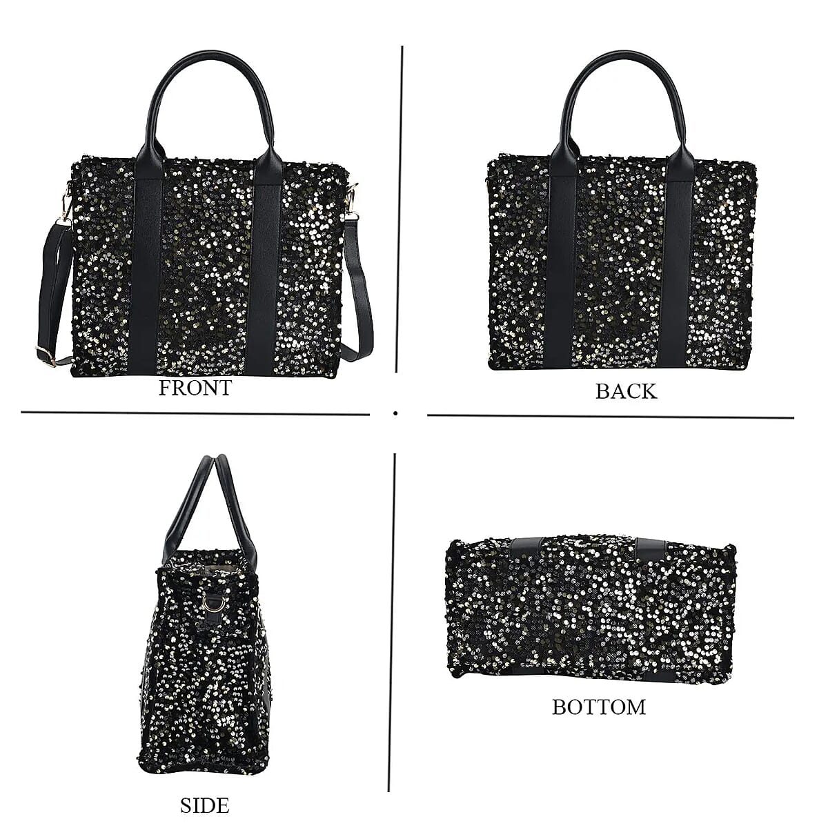 Striped Gold Color Faux Leather Sequin Tote Bag with Handle Drop and Strap image number 5