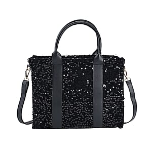 Black Color Faux Leather Sequin Tote Bag with Handle Drop and Strap