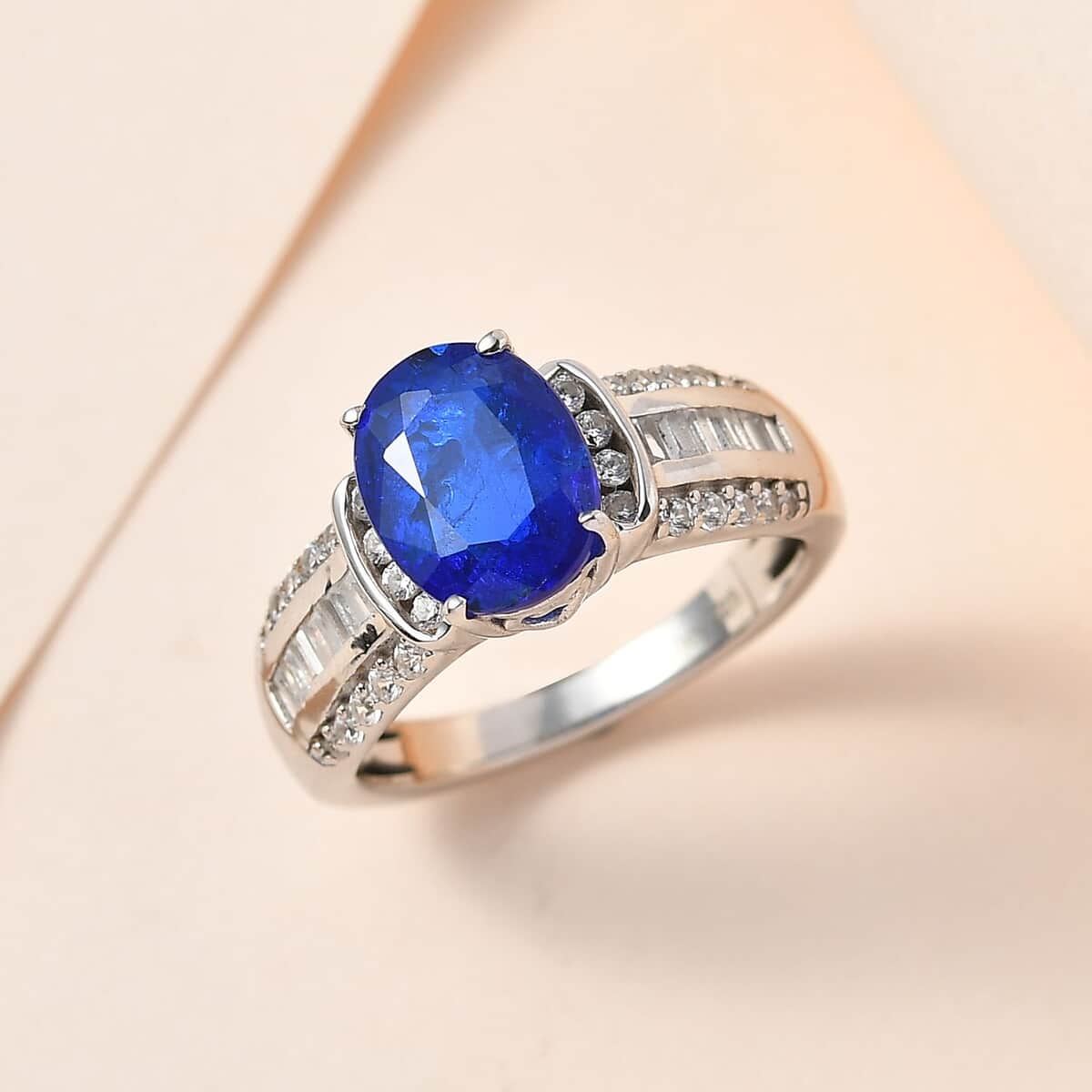 Tanzanian Blue Spinel (DF) and White Zircon Ring in Platinum Over Sterling Silver 2.75 ctw image number 1