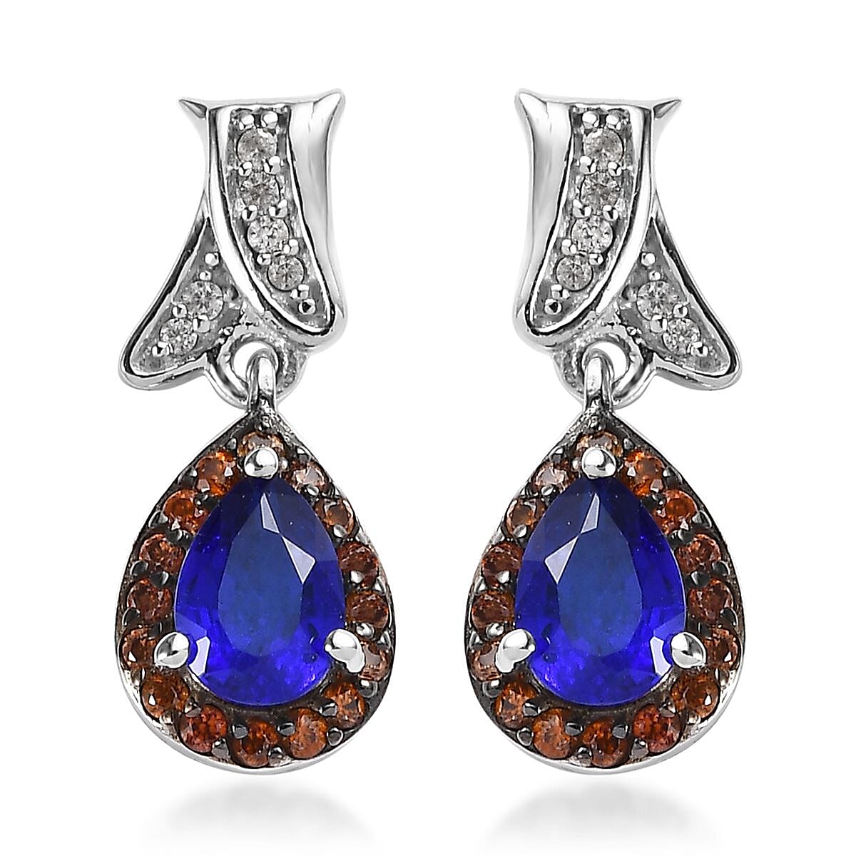 Tanzanian Blue Spinel (DF), Brown and White Zircon 1.40 ctw Drop Earrings in Platinum Over Sterling Silver image number 0