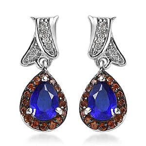 Tanzanian Blue Spinel (DF), Brown and White Zircon 1.40 ctw Drop Earrings in Platinum Over Sterling Silver