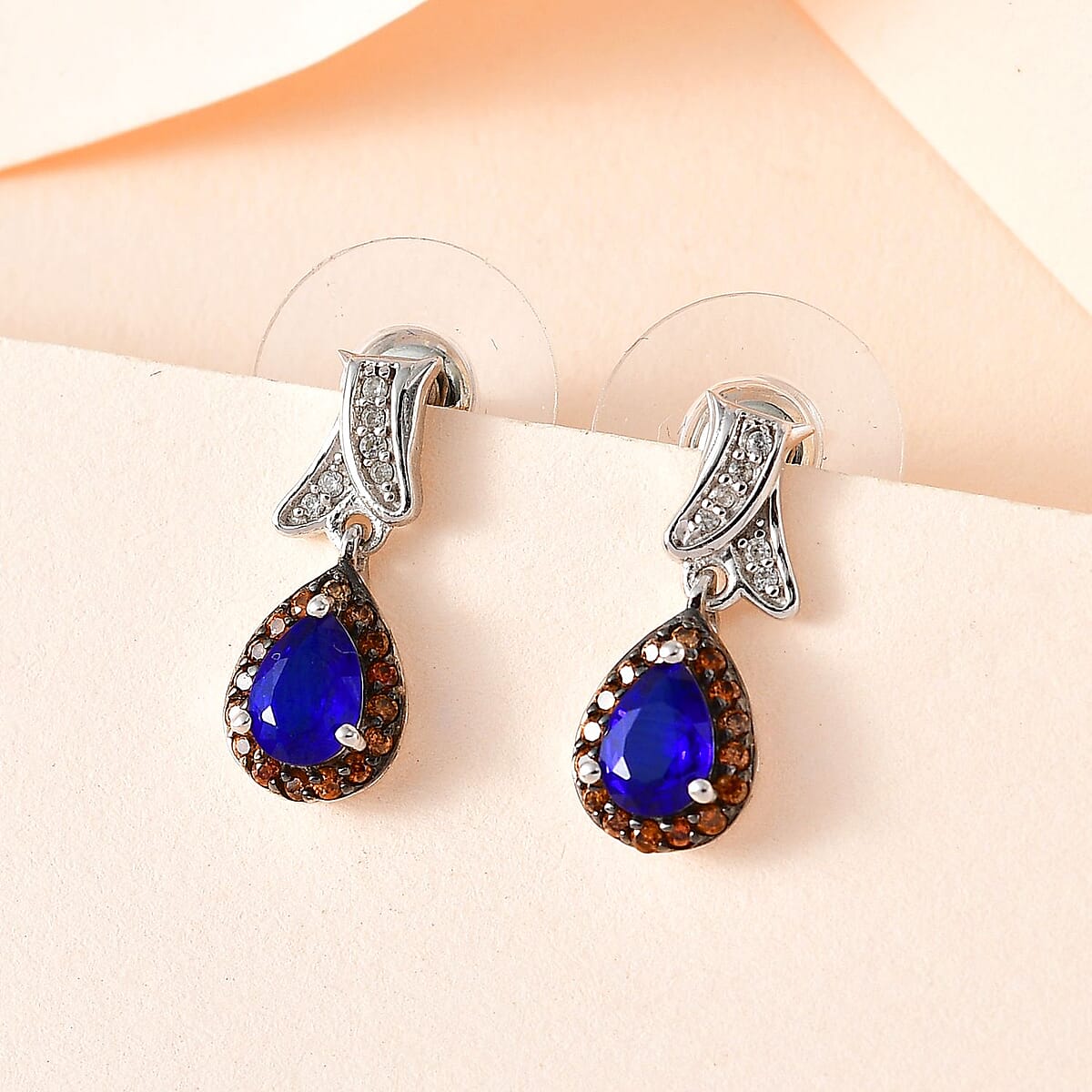 Tanzanian Blue Spinel (DF), Brown and White Zircon 1.40 ctw Drop Earrings in Platinum Over Sterling Silver image number 1