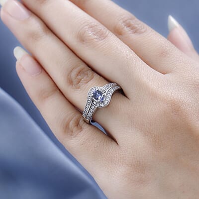 Premium Peacock Tanzanite and White Zircon Ring in Platinum Over Sterling Silver (Size 10.0) 0.80 ctw