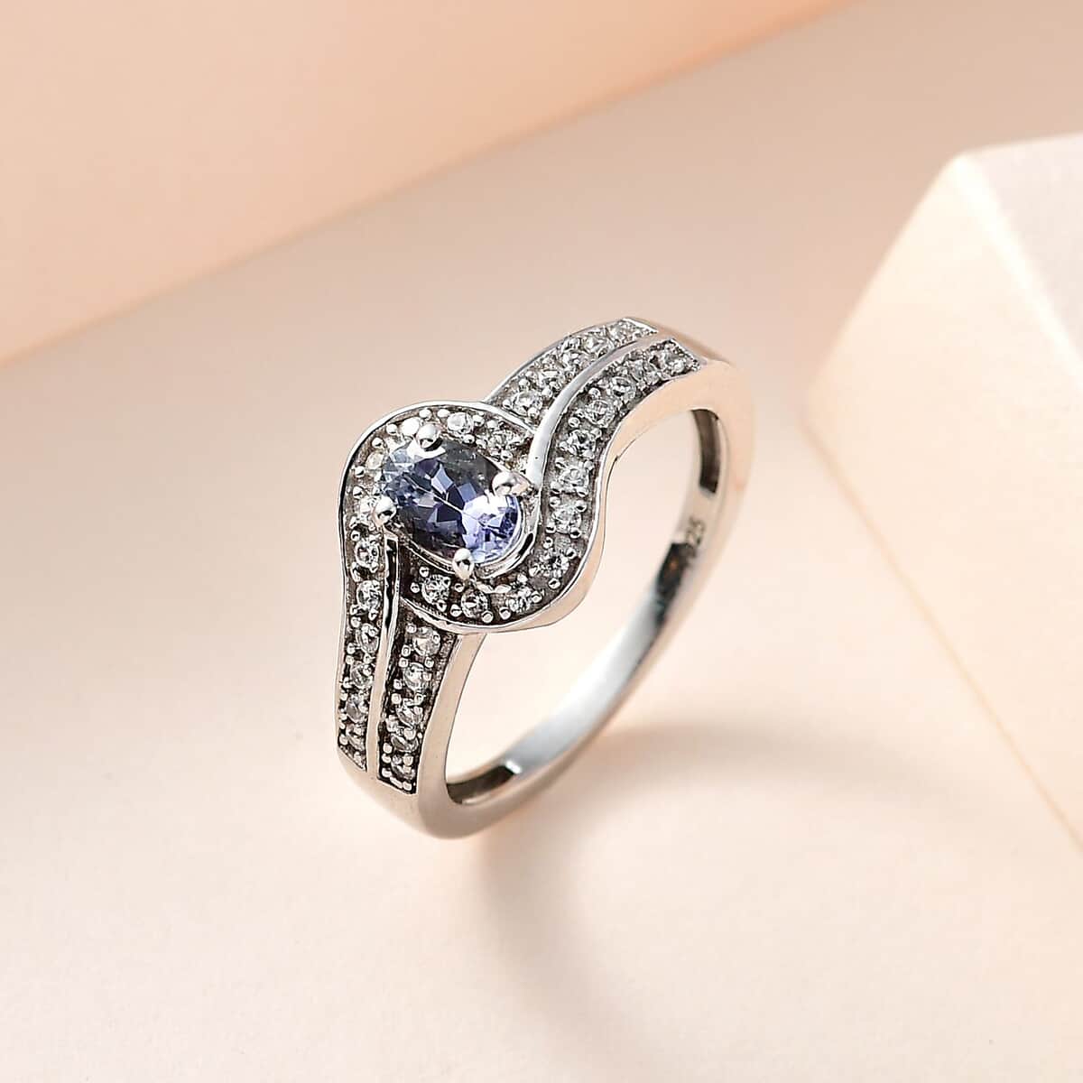 Premium Peacock Tanzanite and White Zircon Ring in Platinum Over Sterling Silver (Size 7.0) 0.80 ctw image number 1