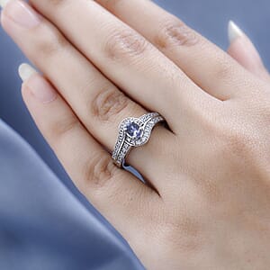 Premium Peacock Tanzanite and White Zircon Ring in Platinum Over Sterling Silver (Size 8.0) 0.80 ctw