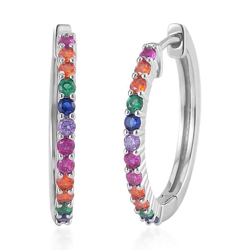 Simulated Multi Color Diamond Hoop Earrings in Rhodium Over Sterling Silver 0.80 ctw