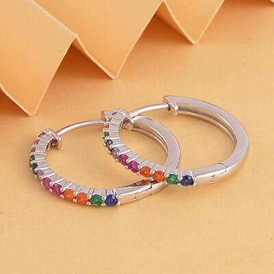 Simulated Multi Color Diamond Hoop Earrings in Rhodium Over Sterling Silver 0.80 ctw