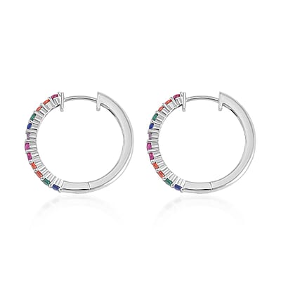 Simulated Multi Color Diamond Hoop Earrings in Rhodium Over Sterling Silver 0.80 ctw