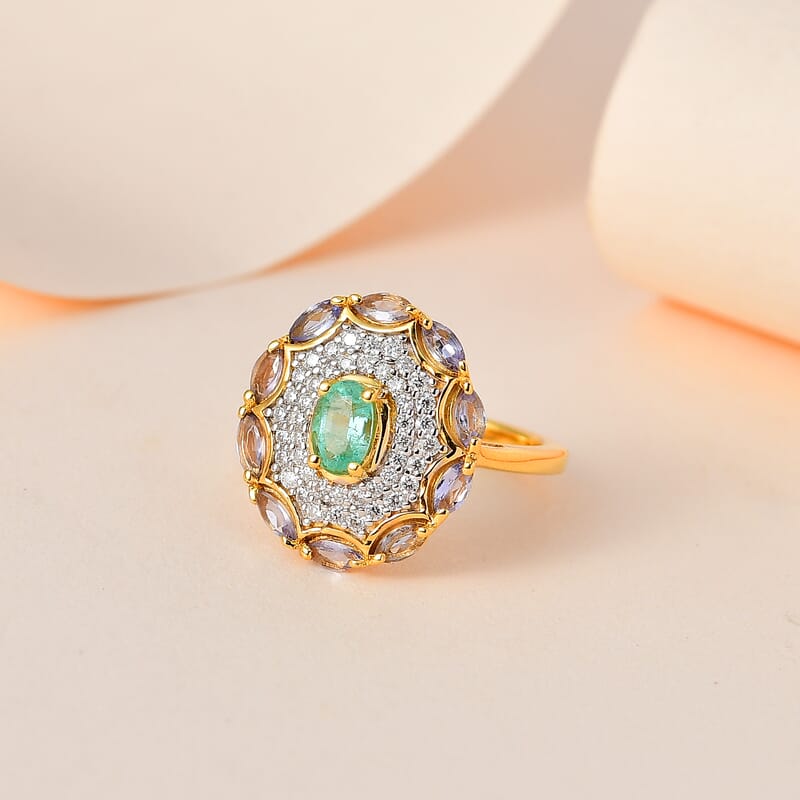 Ethiopian Emerald and Multi Gemstone Ring in Vermeil Yellow Gold Over Sterling Silver (Size 10.0) 1.50 ctw