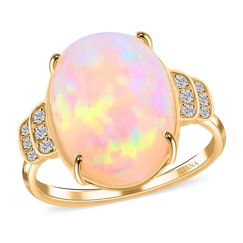 Certified and Appraised Iliana 18K Yellow Gold AAA Ethiopian Welo Opal and G-H SI Diamond Ring (Size 10.0) 4.20 Grams 10.15 ctw