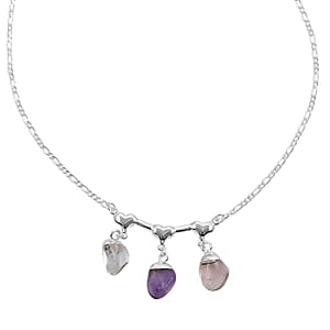 Multi Gemstone Heart Necklace 20-22 Inches in Silvertone 11.00 ctw