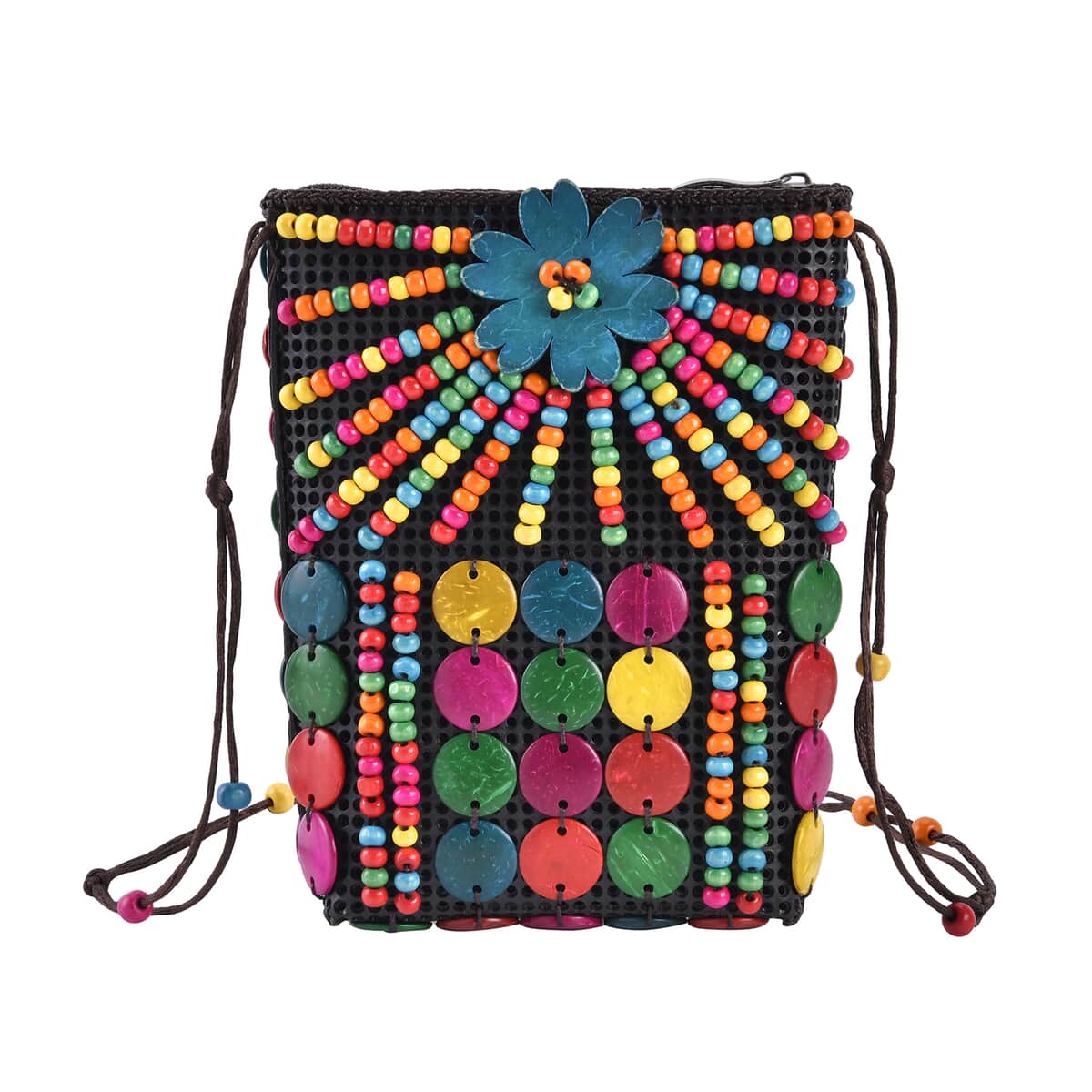 Multi Color Ethnic Style Handmade Circle and Flower Shaped Coconut Shell Crossbody Bag image number 0