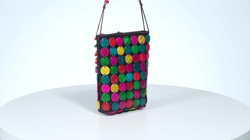 Multi Color Ethnic Style Handmade Circle and Flower Shaped Coconut Shell Crossbody Bag (7.09"x5.51")