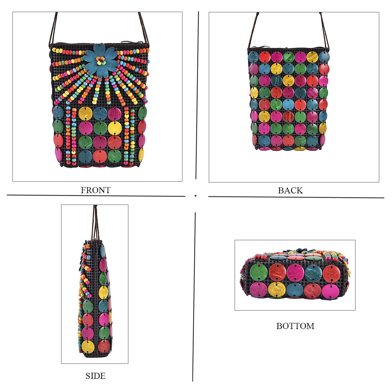 Multi Color Ethnic Style Handmade Circle and Flower Shaped Coconut Shell Crossbody Bag