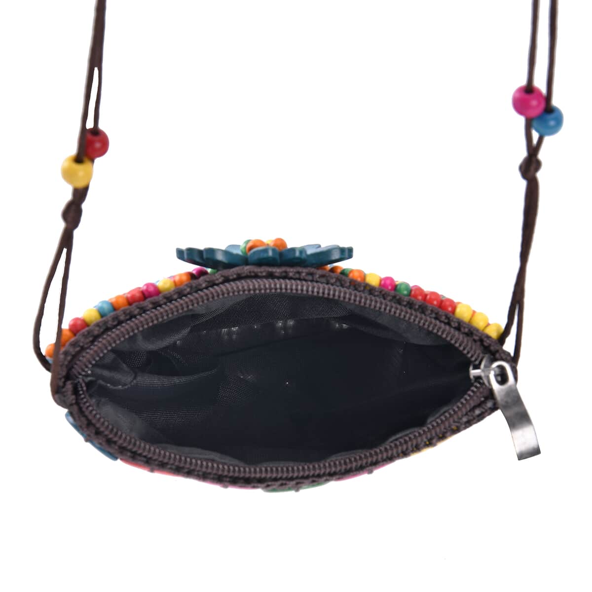 Multi Color Ethnic Style Handmade Circle and Flower Shaped Coconut Shell Crossbody Bag image number 2