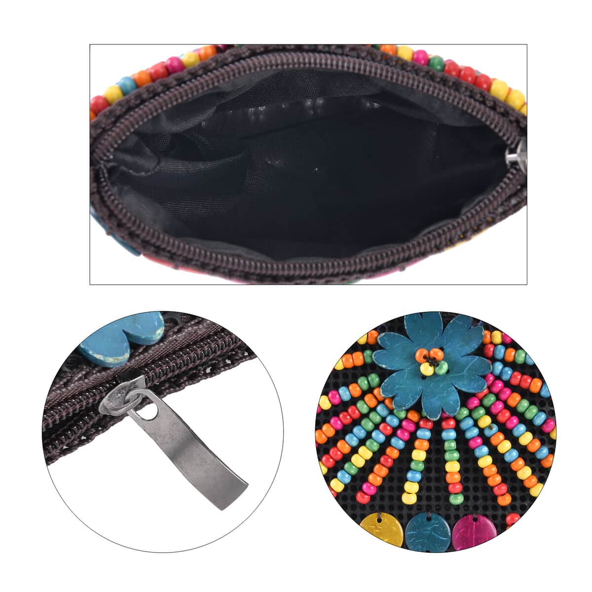 Multi Color Ethnic Style Handmade Circle and Flower Shaped Coconut Shell Crossbody Bag image number 3
