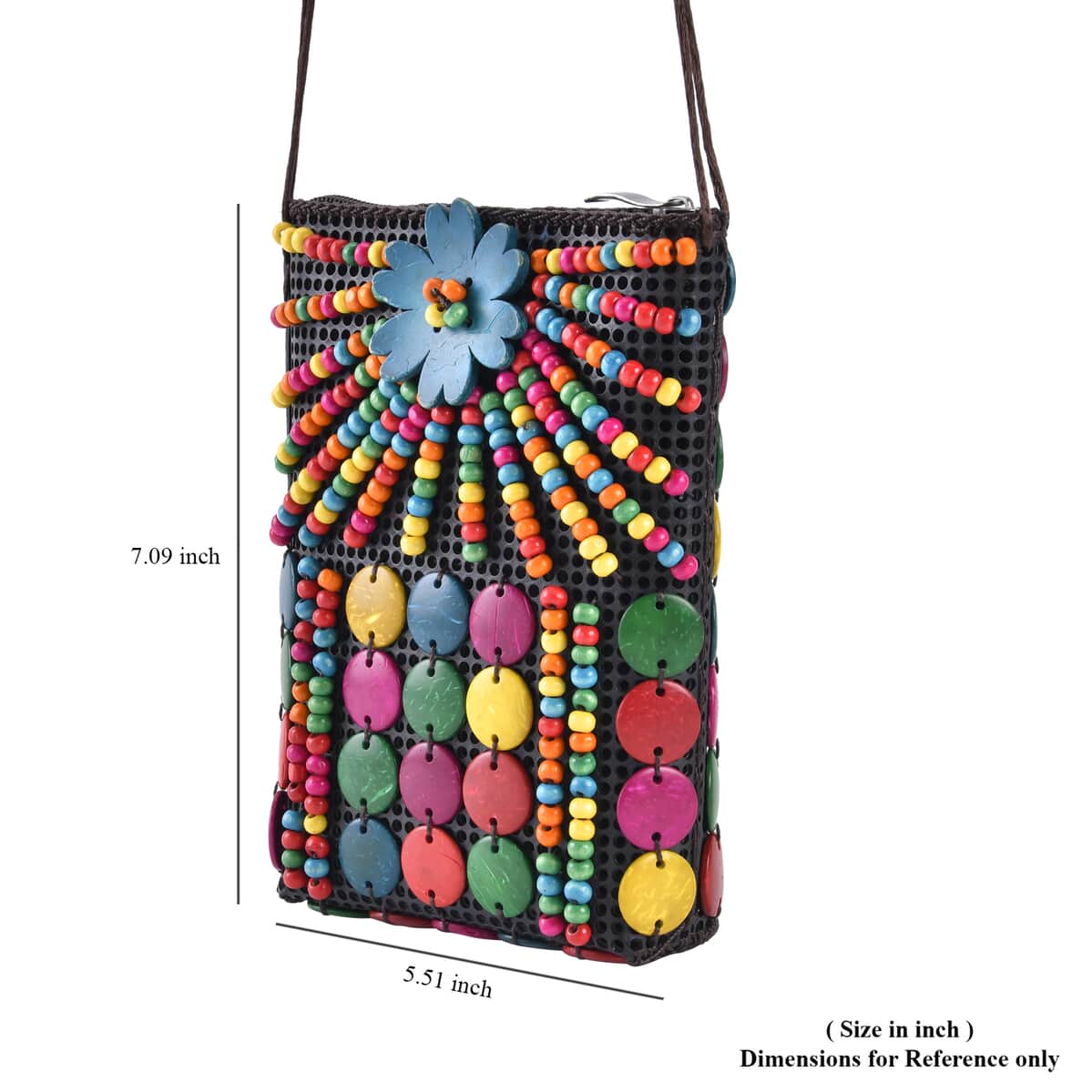 Multi Color Ethnic Style Handmade Circle and Flower Shaped Coconut Shell Crossbody Bag image number 4