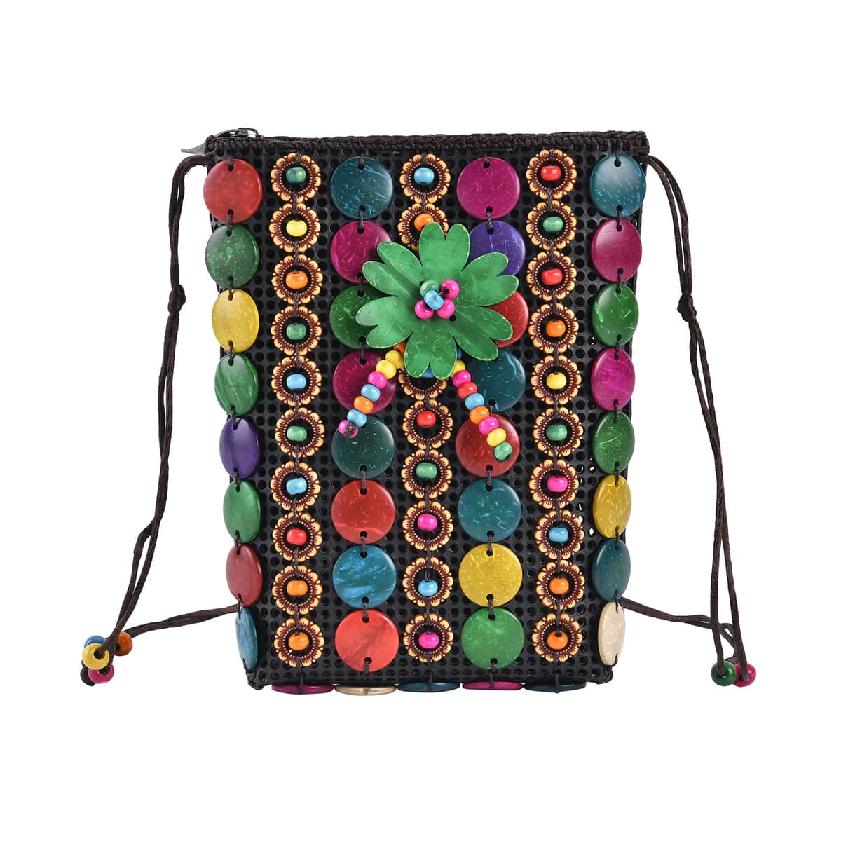 Multi Color Ethnic Style Handmade Circle and Flower Shaped Coconut Shell Crossbody Bag image number 0