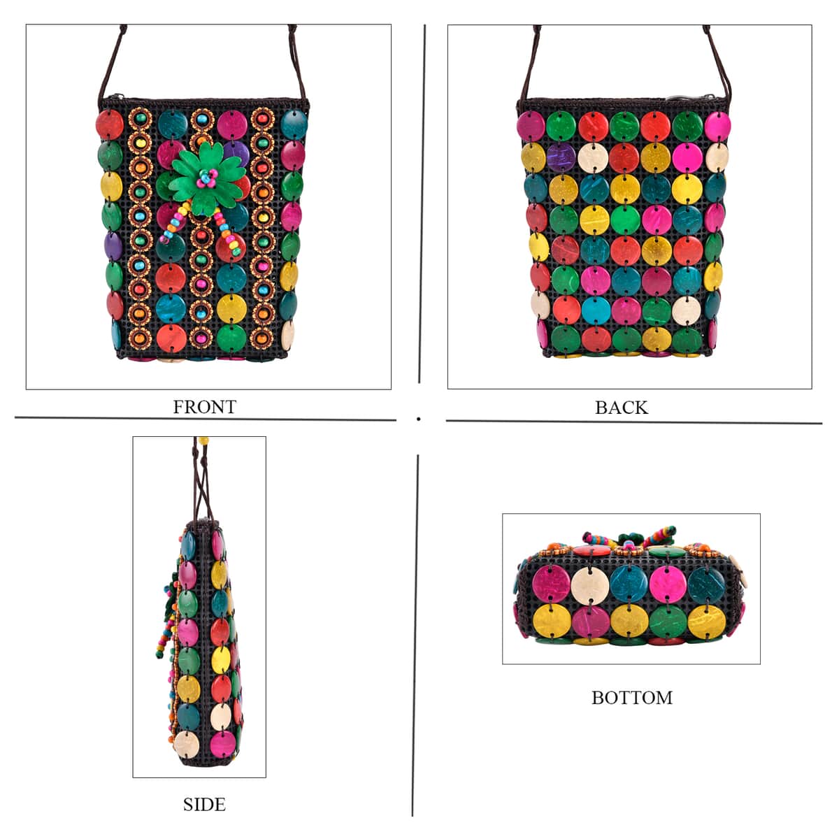 Multi Color Ethnic Style Handmade Circle and Flower Shaped Coconut Shell Crossbody Bag image number 1