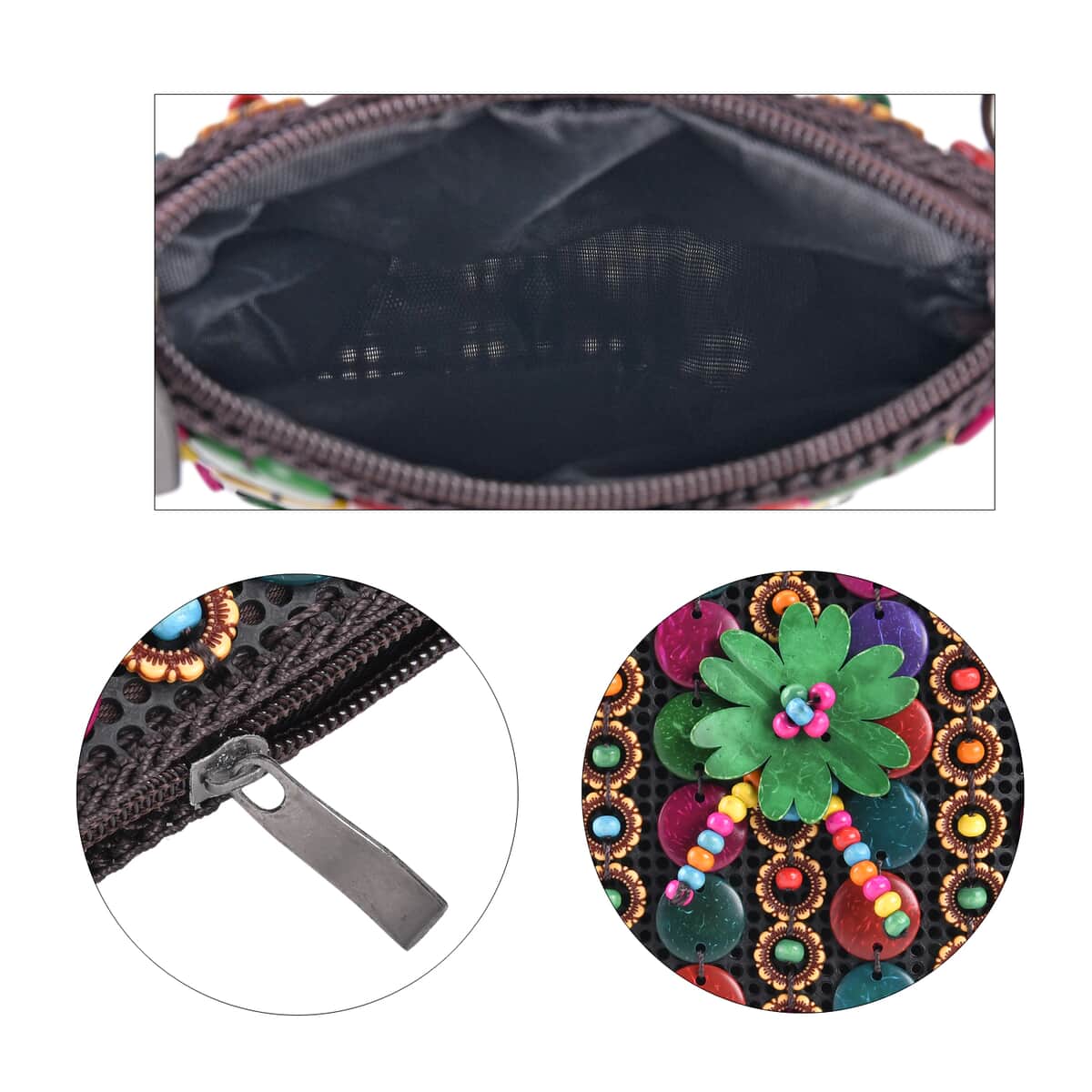 Multi Color Ethnic Style Handmade Circle and Flower Shaped Coconut Shell Crossbody Bag image number 3