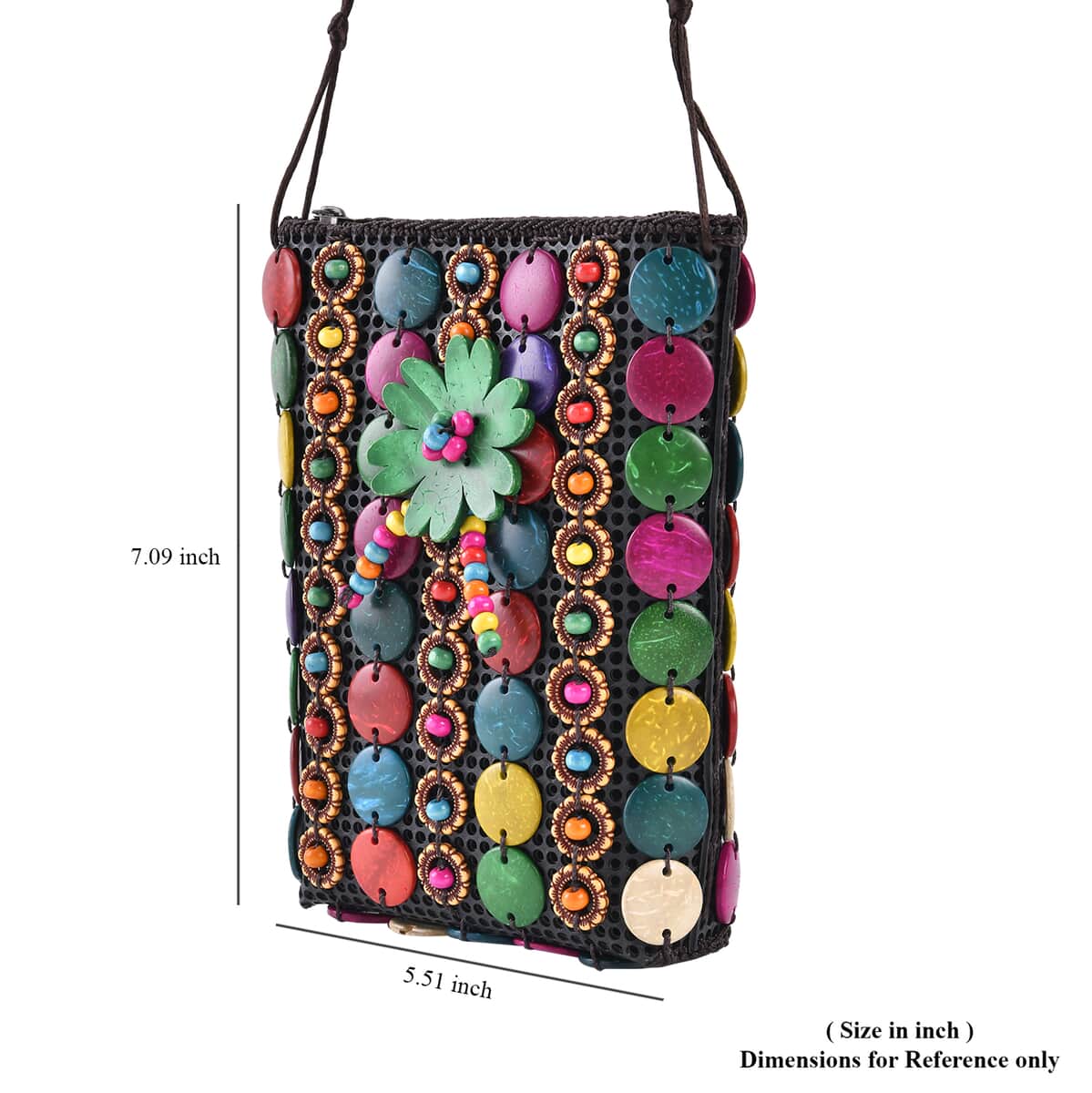 Multi Color Ethnic Style Handmade Circle and Flower Shaped Coconut Shell Crossbody Bag image number 4