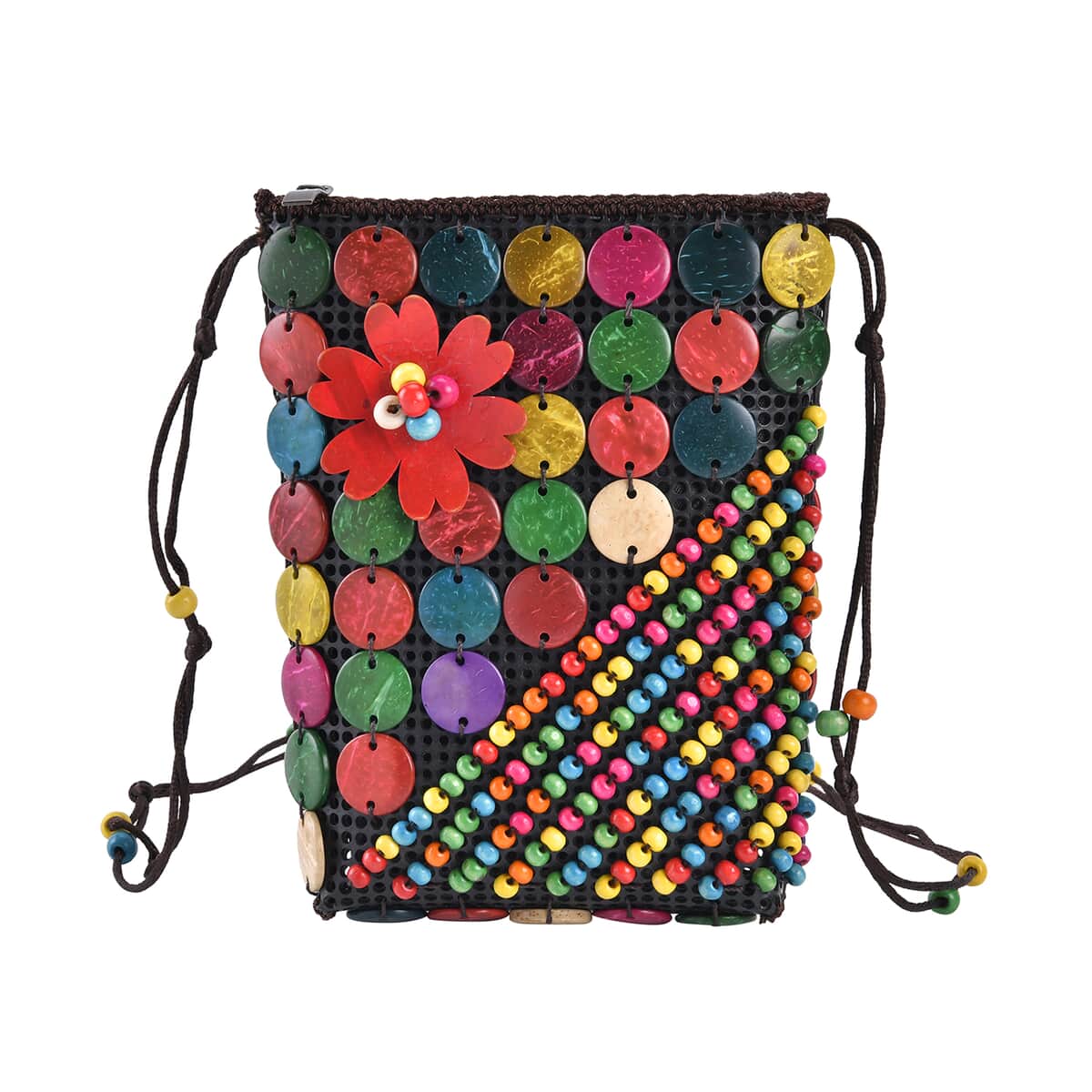 Multi Color Ethnic Style Handmade Circle and Flower Shaped Coconut Shell Crossbody Bag image number 0