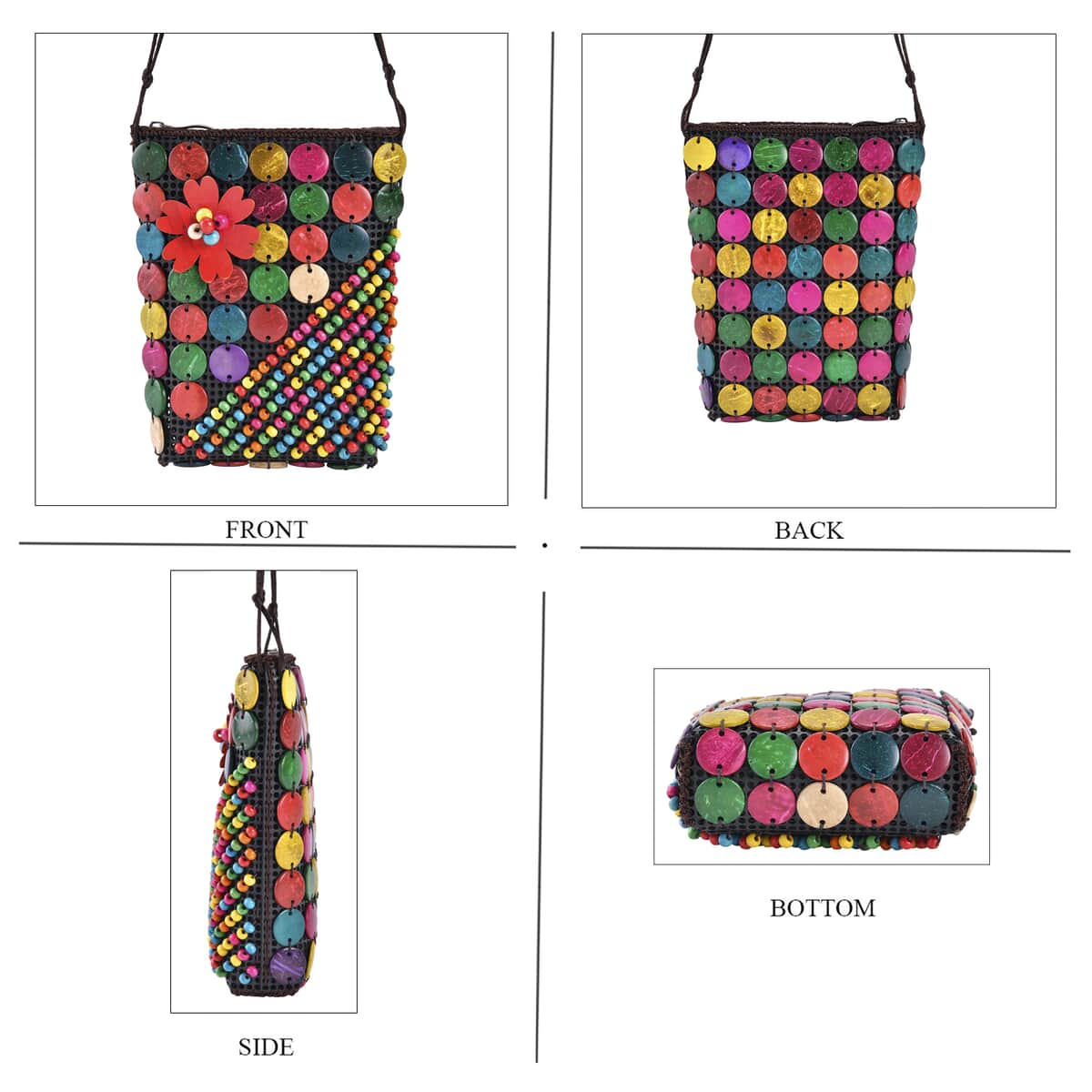 Multi Color Ethnic Style Handmade Circle and Flower Shaped Coconut Shell Crossbody Bag image number 1