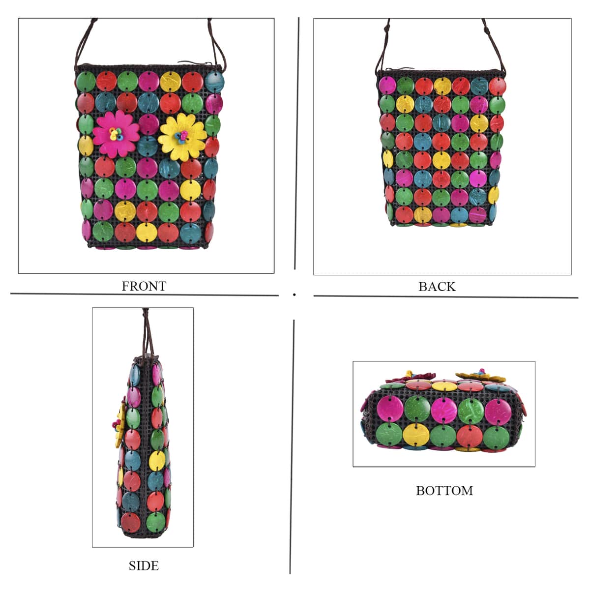 Multi Color Ethnic Style Handmade Circle and Flower Shaped Coconut Shell Crossbody Bag image number 1