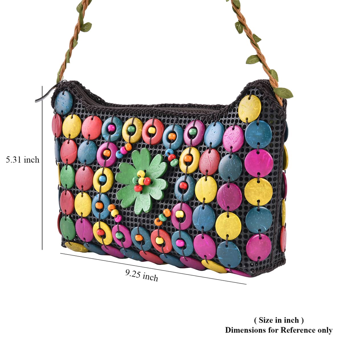 Multi Color Ethnic Style Handmade Coconut Shell Tote Bag with Shoulder Strap image number 4