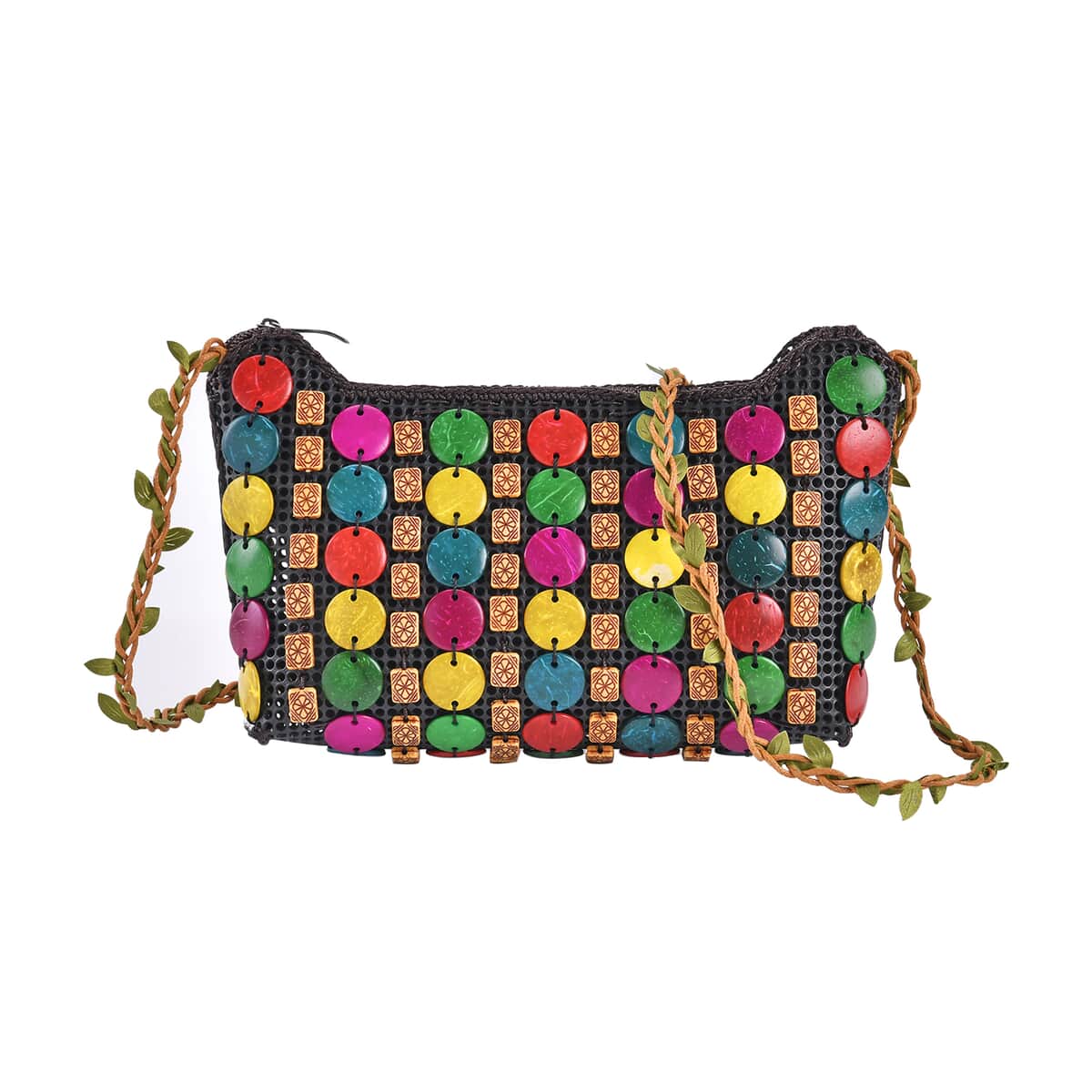 Multi Color Ethnic Style Handmade Coconut Shell Tote Bag with Shoulder Strap image number 0