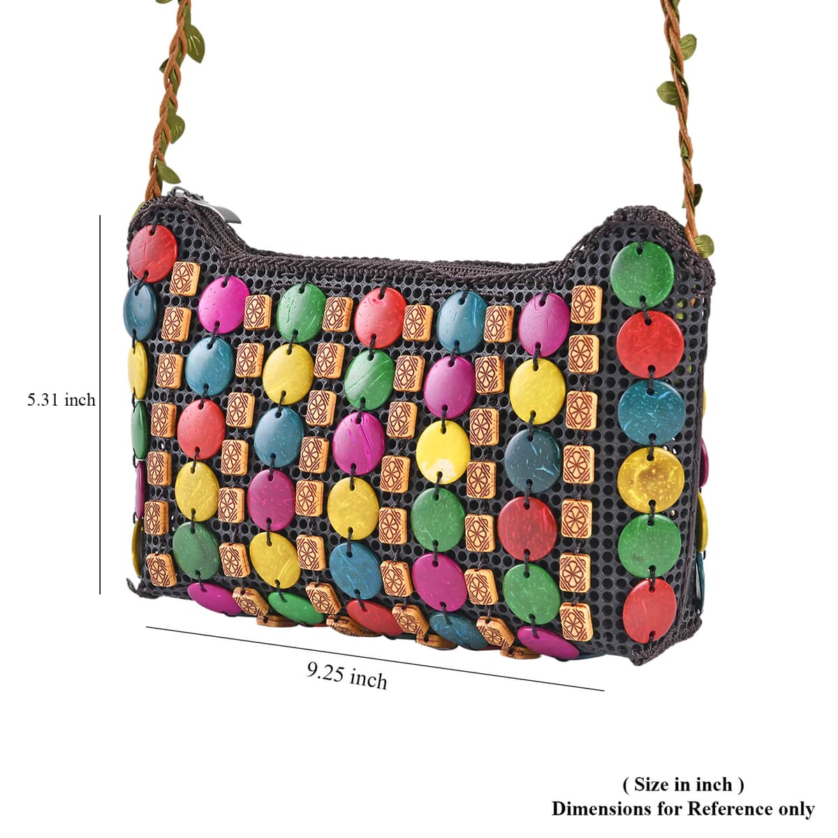 Multi Color Ethnic Style Handmade Coconut Shell Tote Bag with Shoulder Strap image number 4