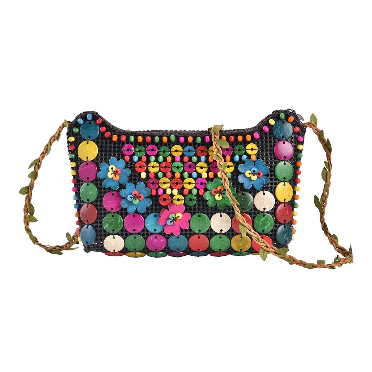 Multi Color Ethnic Style Handmade Coconut Shell Tote Bag with Shoulder Strap image number 0