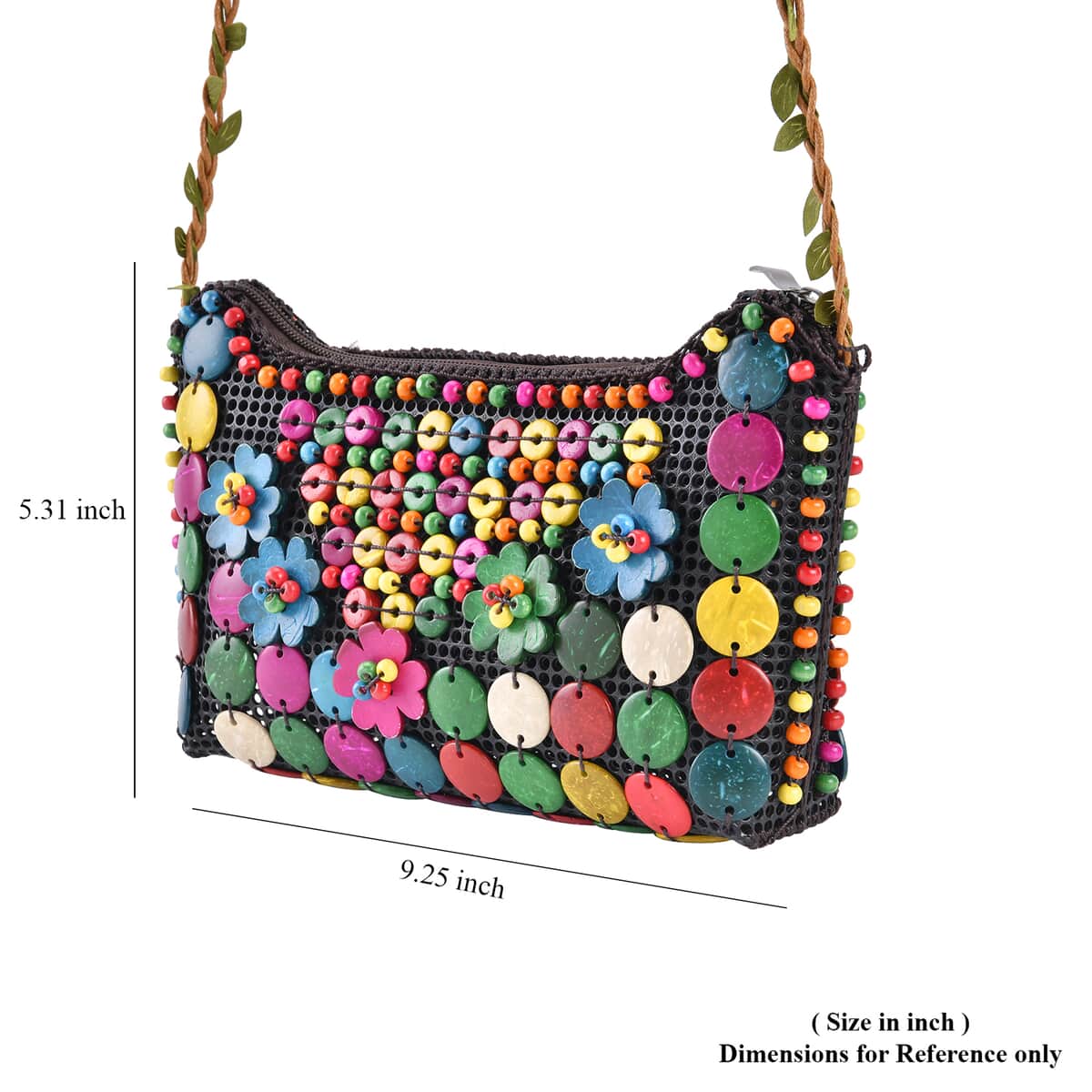 Multi Color Ethnic Style Handmade Coconut Shell Tote Bag with Shoulder Strap image number 4