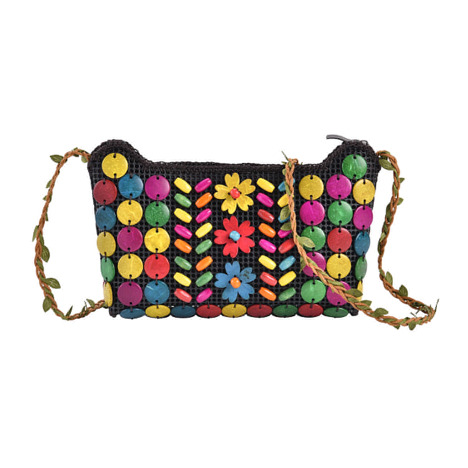 Multi Color Ethnic Style Handmade Coconut Shell Tote Bag with Shoulder Strap