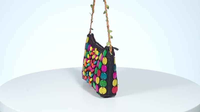 Multi Color Ethnic Style Handmade Coconut Shell Tote Bag (9.25"x5.31") with Shoulder Strap