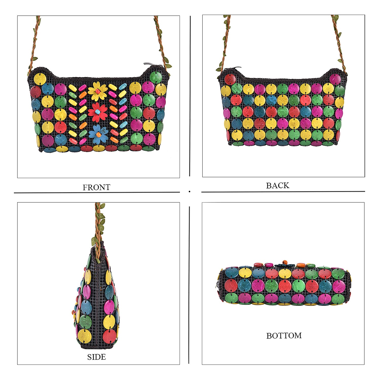 Multi Color Ethnic Style Handmade Coconut Shell Tote Bag with Shoulder Strap