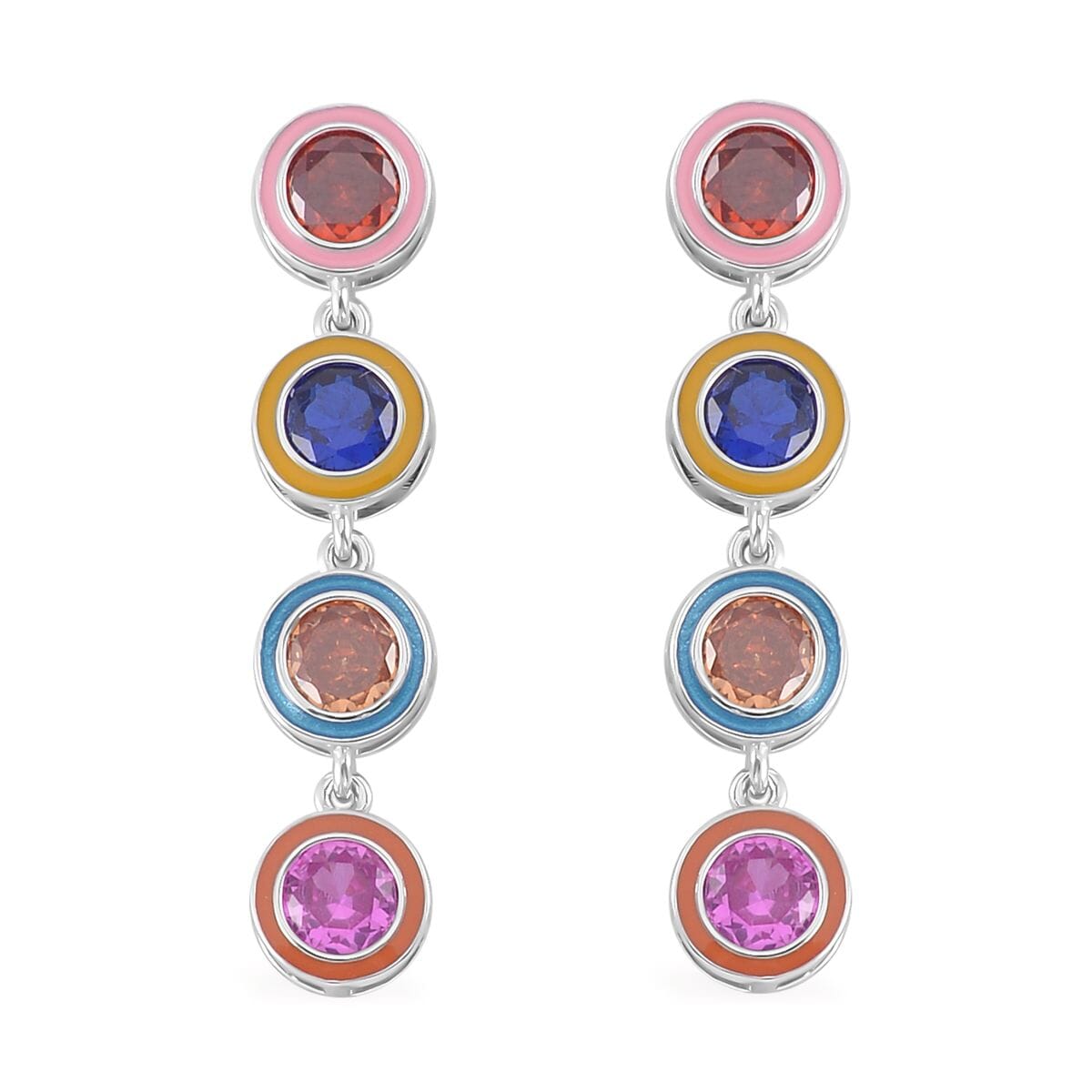 Simulated Multi Color Diamond and Multi Color Enameled Dangle Earrings in Rhodium Over Sterling Silver 5.00 ctw image number 0