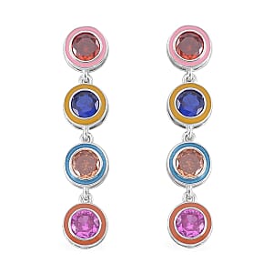 Simulated Multi Color Diamond and Multi Color Enameled Dangle Earrings in Rhodium Over Sterling Silver 5.00 ctw