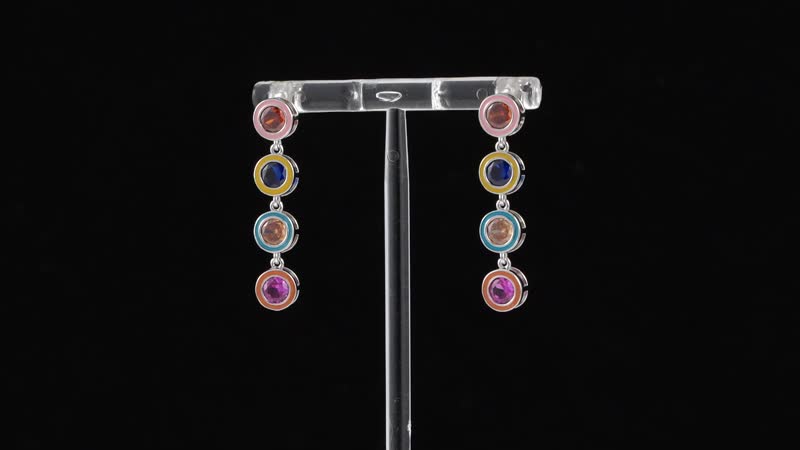 Simulated Multi Color Diamond and Multi Color Enameled Dangle Earrings in Rhodium Over Sterling Silver 5.00 ctw