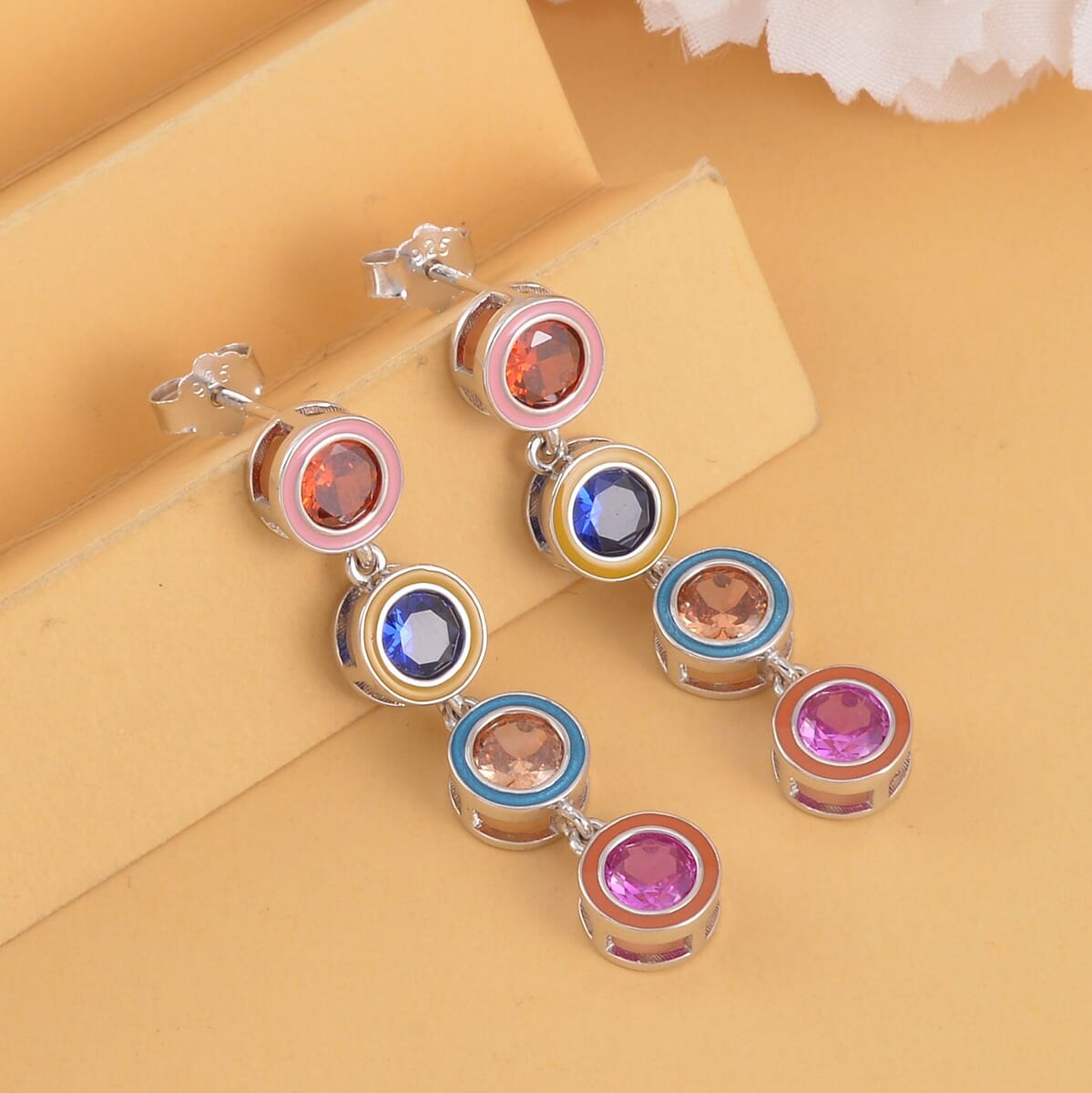 Simulated Multi Color Diamond and Multi Color Enameled Dangle Earrings in Rhodium Over Sterling Silver 5.00 ctw image number 1