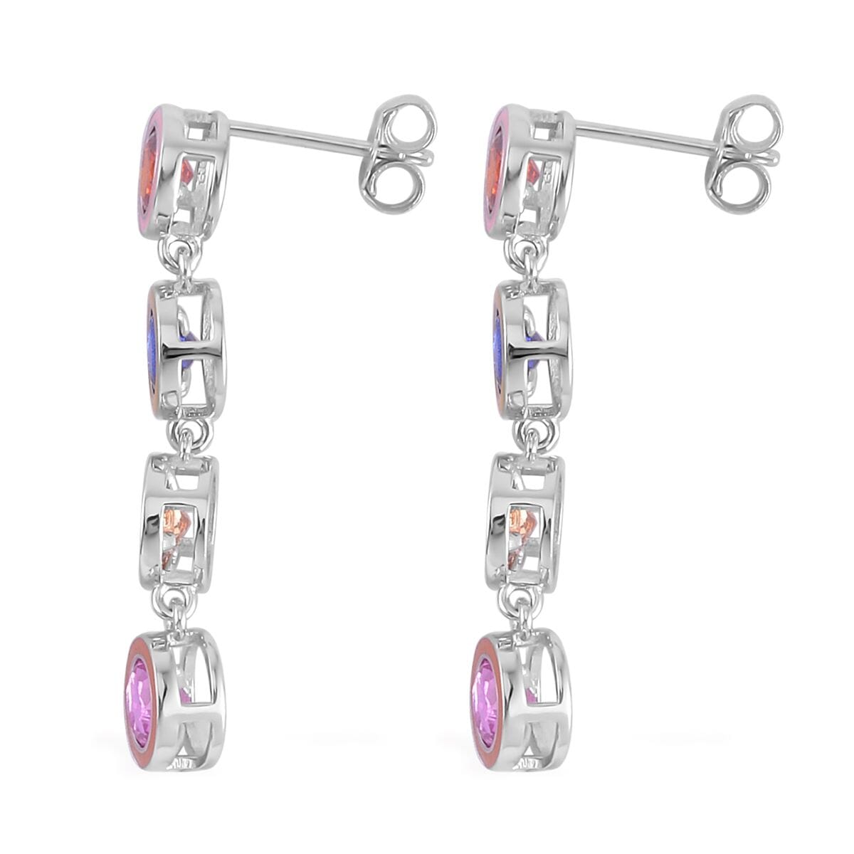 Simulated Multi Color Diamond and Multi Color Enameled Dangle Earrings in Rhodium Over Sterling Silver 5.00 ctw image number 3
