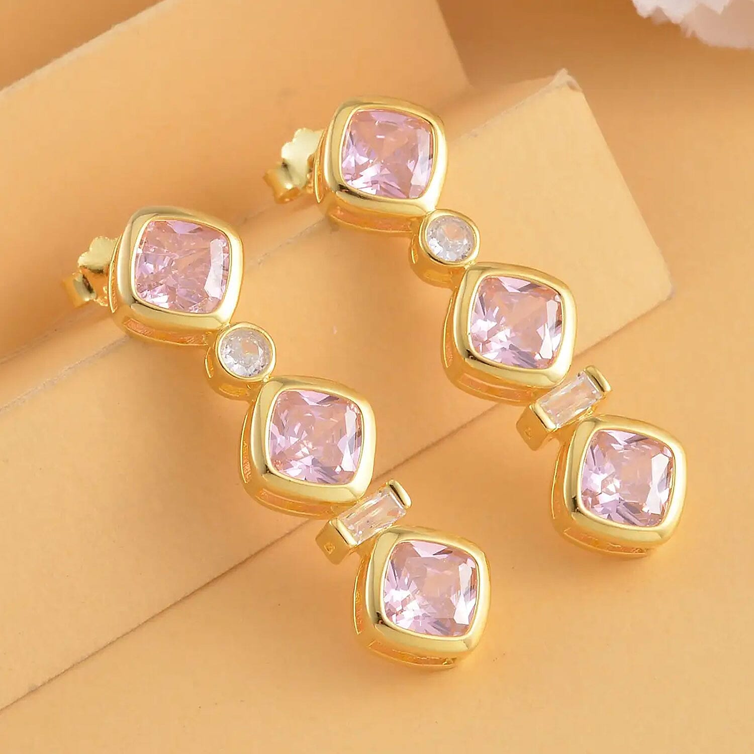 Simulated Pink and White Diamond Earrings in 14K Yellow Gold Over Sterling Silver 8.70 ctw