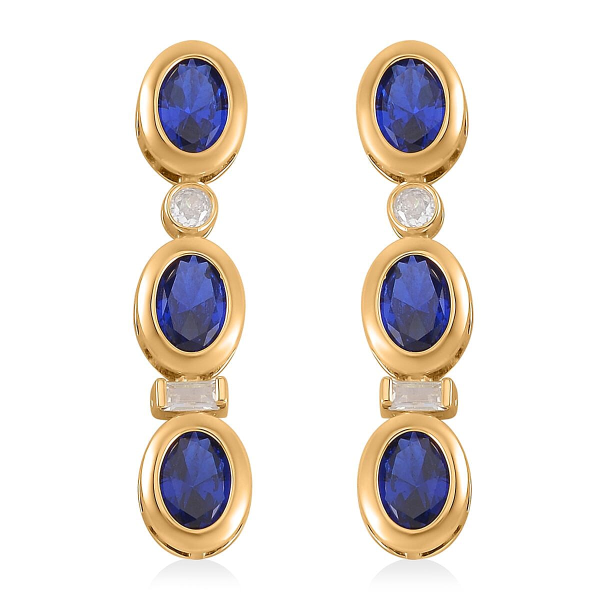 Simulated Blue and White Diamond Earrings in 14K Yellow Gold Over Sterling Silver 5.80 ctw