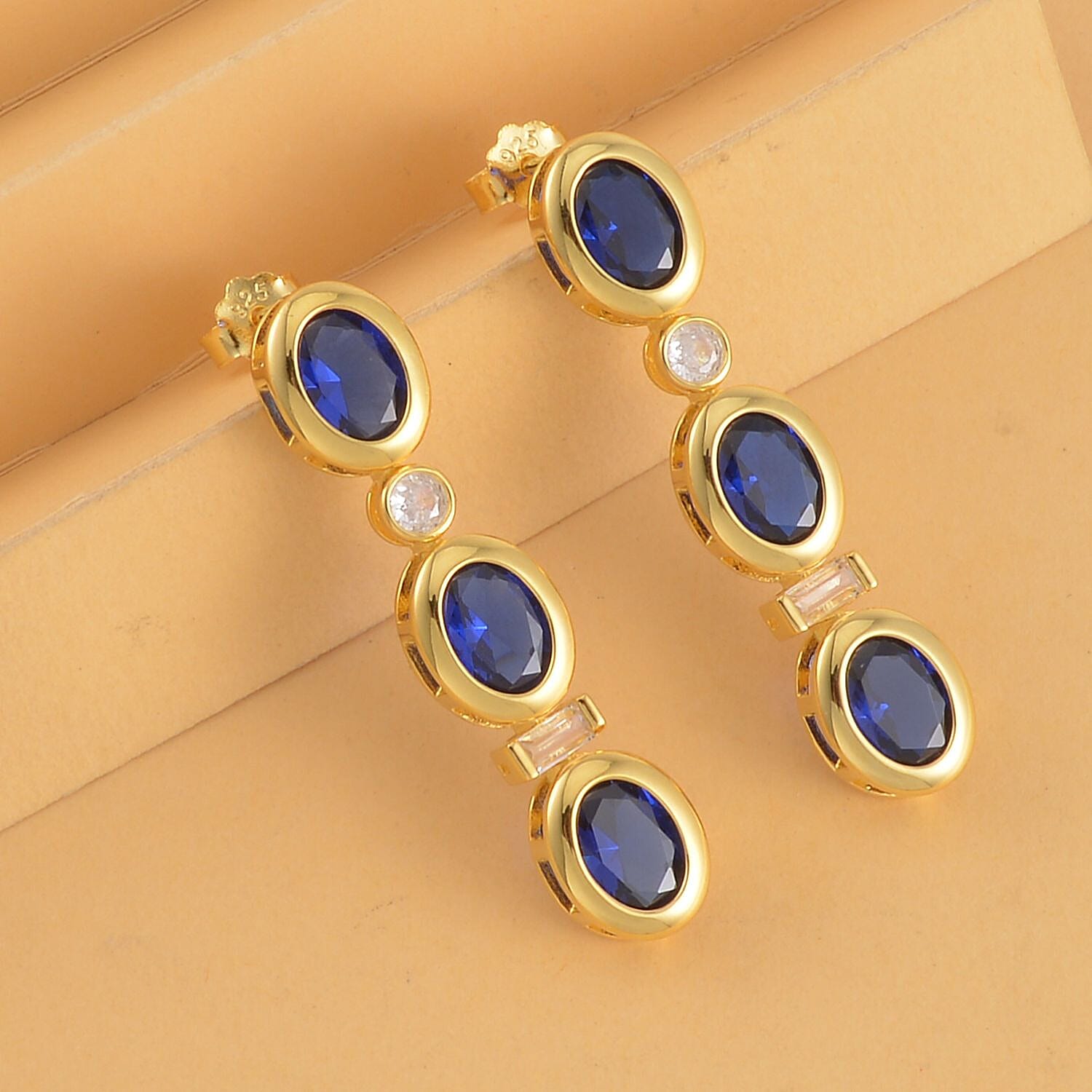 Simulated Blue and White Diamond Earrings in 14K Yellow Gold Over Sterling Silver 5.80 ctw