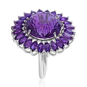 120 Facets African Amethyst Sunflower Ring in Platinum Over Sterling Silver (Size 6.0) 13.50 ctw